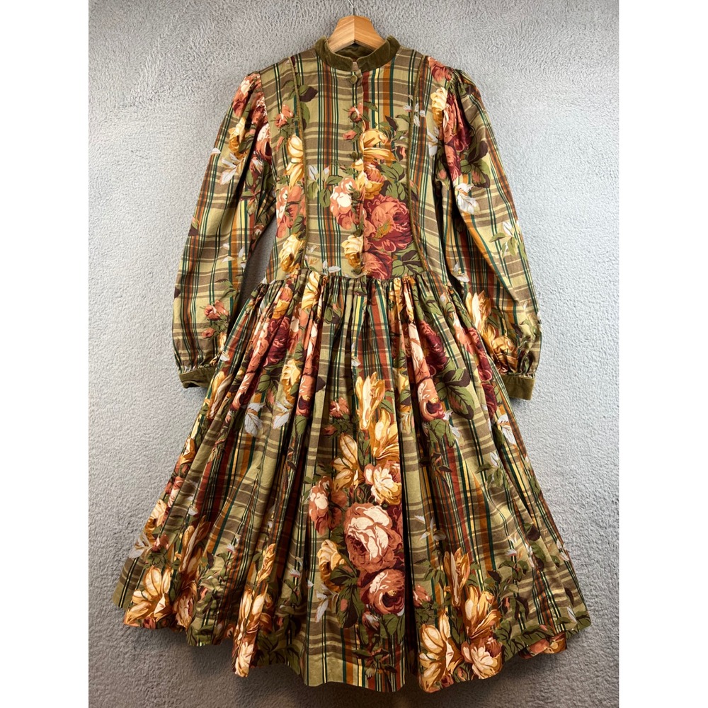 VTG Françoise Bouthillier Floral Plaid Dress Green Velvet Trim Midi Victorian